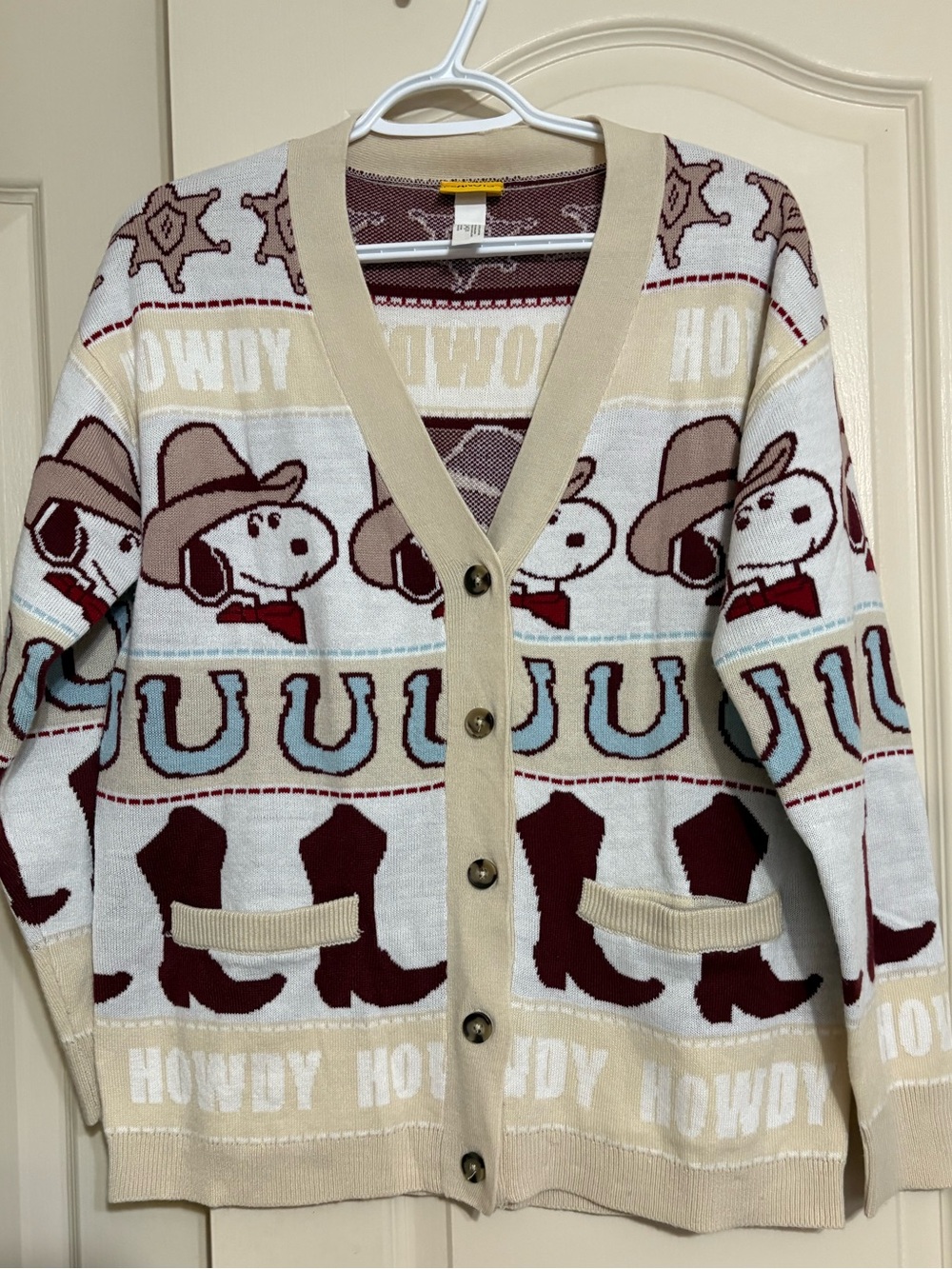 Peanuts Women's Cowboy Snoopy Cardigan Sweater - Cream, Burgundy & Light Blue
